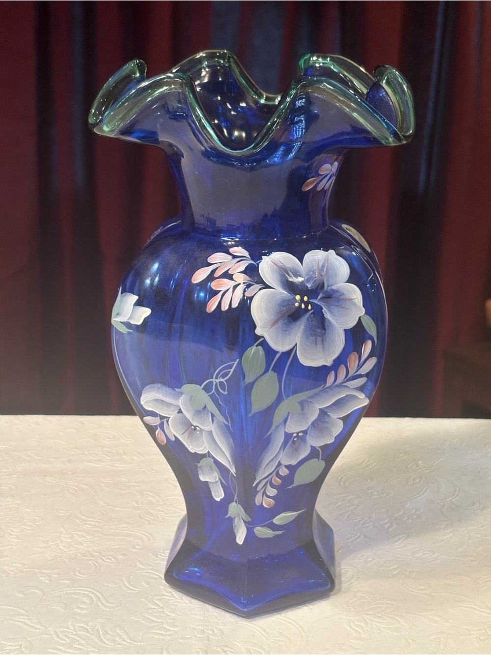 Fenton Cobalt Blue Hand-Painted Floral Glass Vase